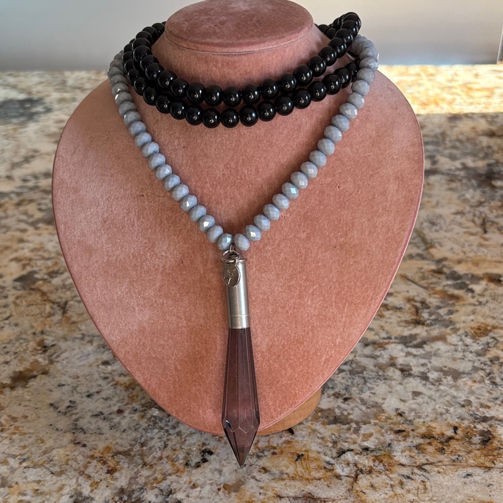 Mala Onyx And Gray Beaded Mala With Smoky Quartz Crystal Point Pendant